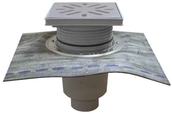 Perfektablauf DN110 senkrecht mit Bitumenmanschette und Wassergeruchsverschluss, 240x240mm / Edelstahlrost 226x226mm  HL616HSW/1